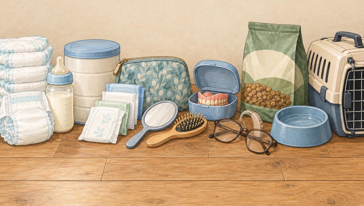 家族に合わせて足すもの（紙おむつ、哺乳瓶、粉ミルク、生理用品、鏡とブラシ、入れ歯のケース、老眼鏡、補聴器、ペットフード、ペットの水の器、キャリーバッグ）