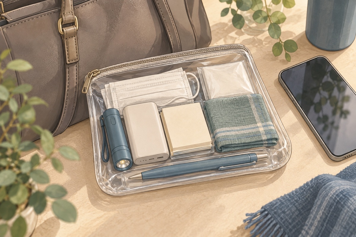 通勤カバンの横に置いた透明なポーチ。中にLEDライト、モバイルバッテリー、メモ、マスク、ティッシュ、ハンカチ、ペン。そばにスマートフォン